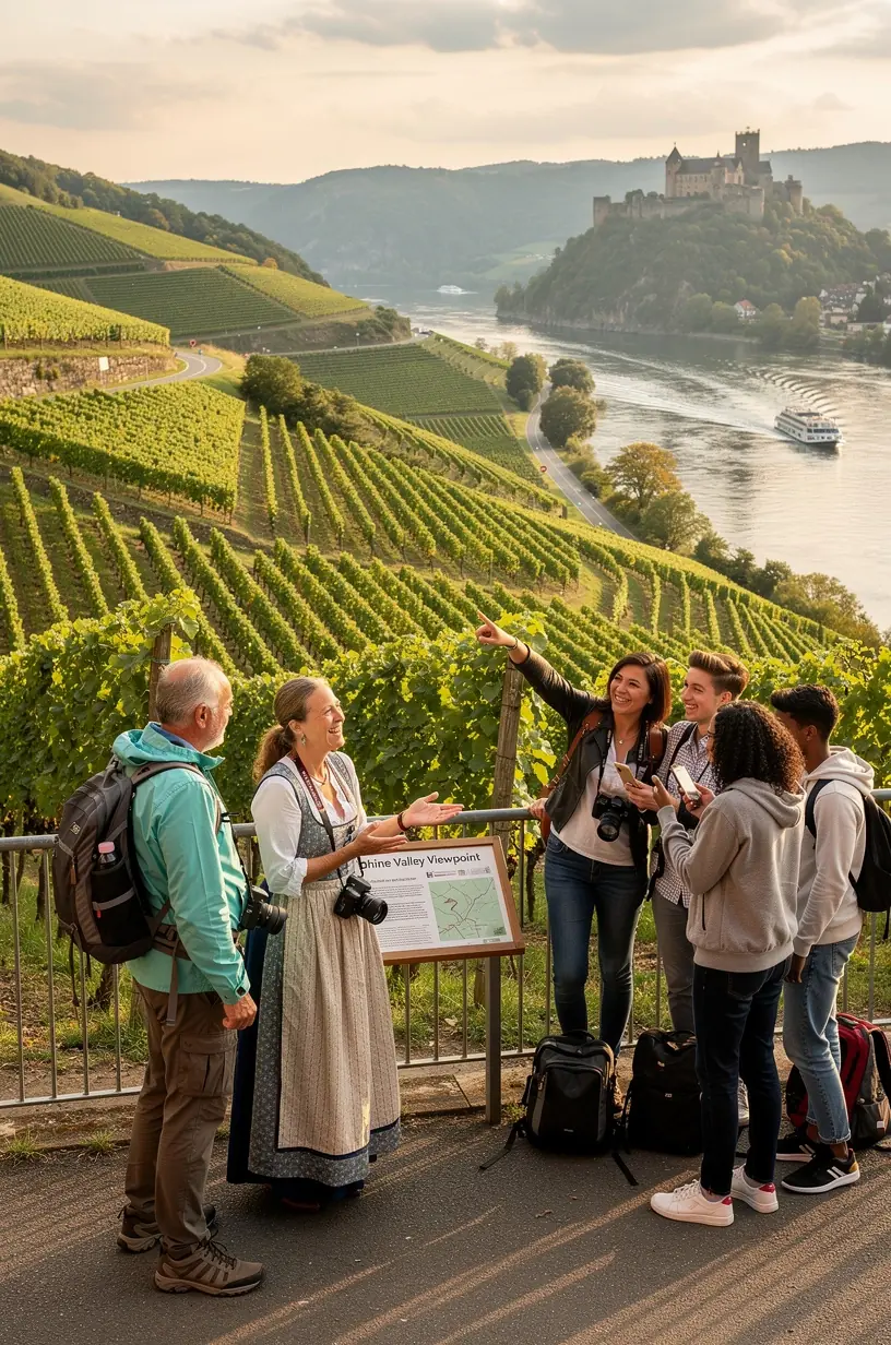 Berater im Gespräch mit Reisenden, die maßgeschneiderte Offline-Reisepläne für verschiedene Regionen Deutschlands erhalten.